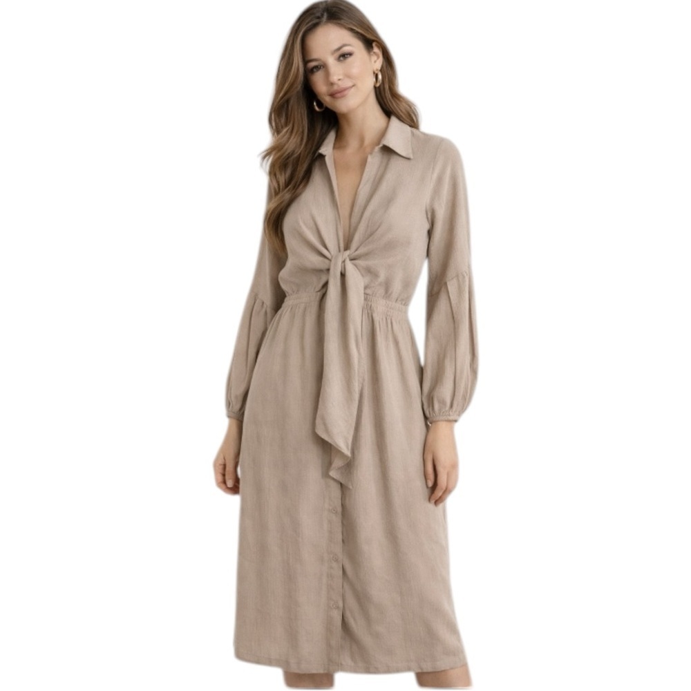 Favlux Vestido Beige Midi Tie Front Manga Larga Talla L